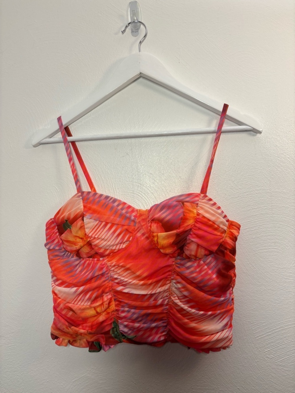 Madden NYC Ruched Floral Crop Bustier Top in Coral Red Size Medium